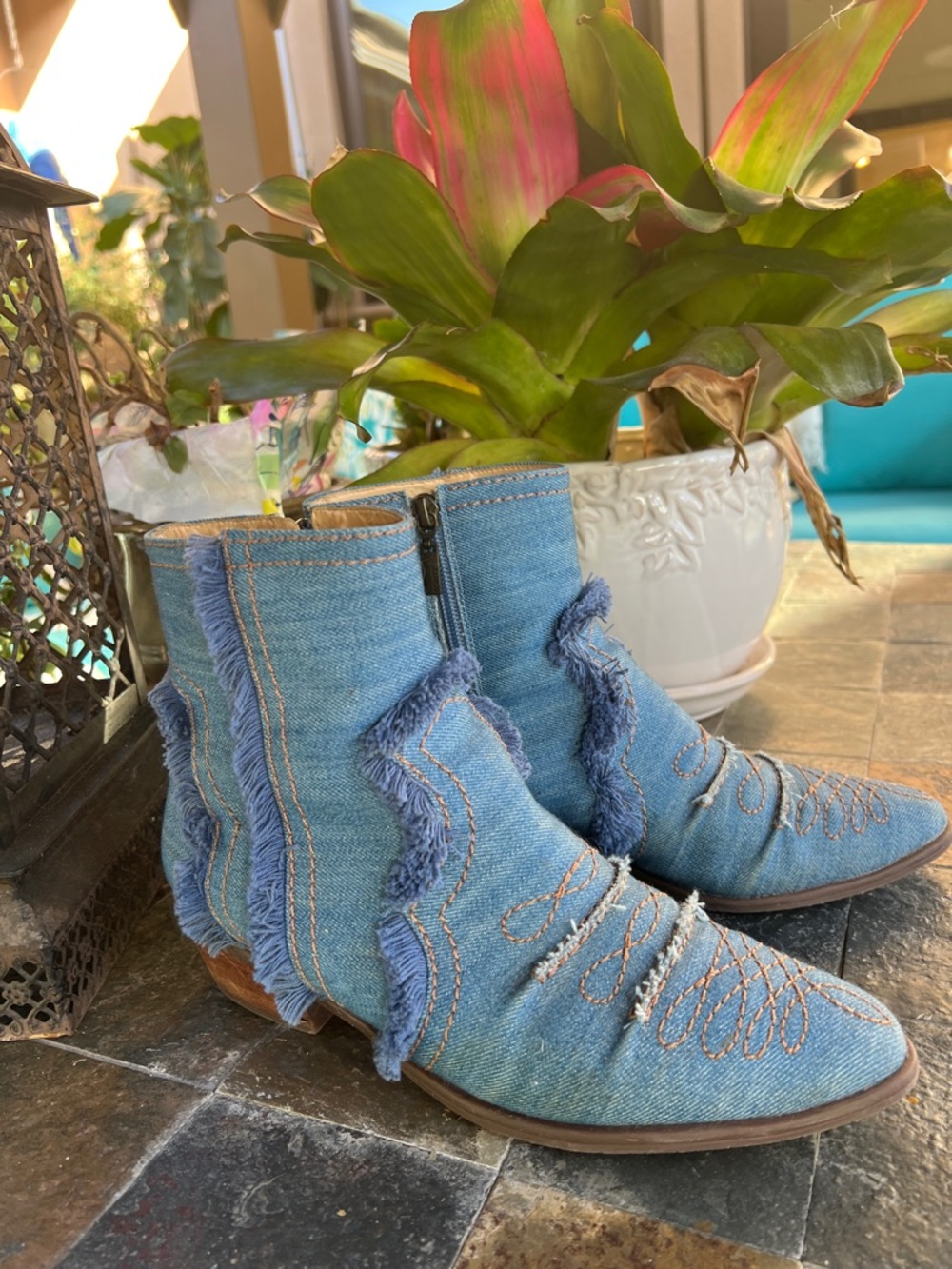 SCHUTZ Denim Fringe Ankle Boots - Blue 8